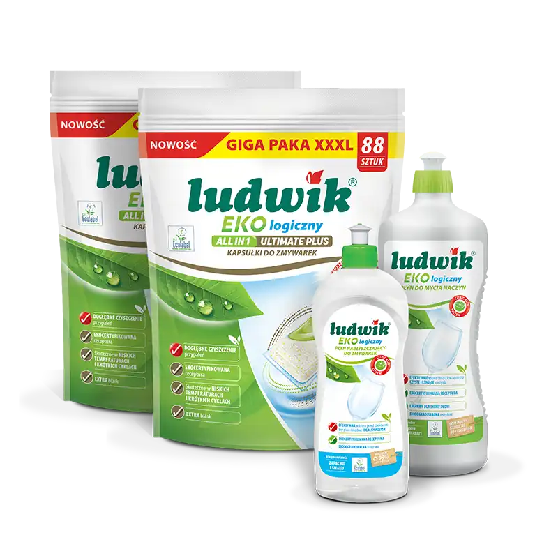 Zestaw Ludwik Ekologiczny do zmywarki (2xkapsułki do zmywarki 88 szt, płyn nabłyszczający, płyn do naczyń)